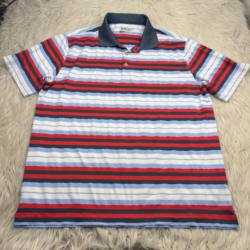 Nike Golf Men's XL Striped SS Polo Shirt Blue Red White Running Y Ranch 4th July